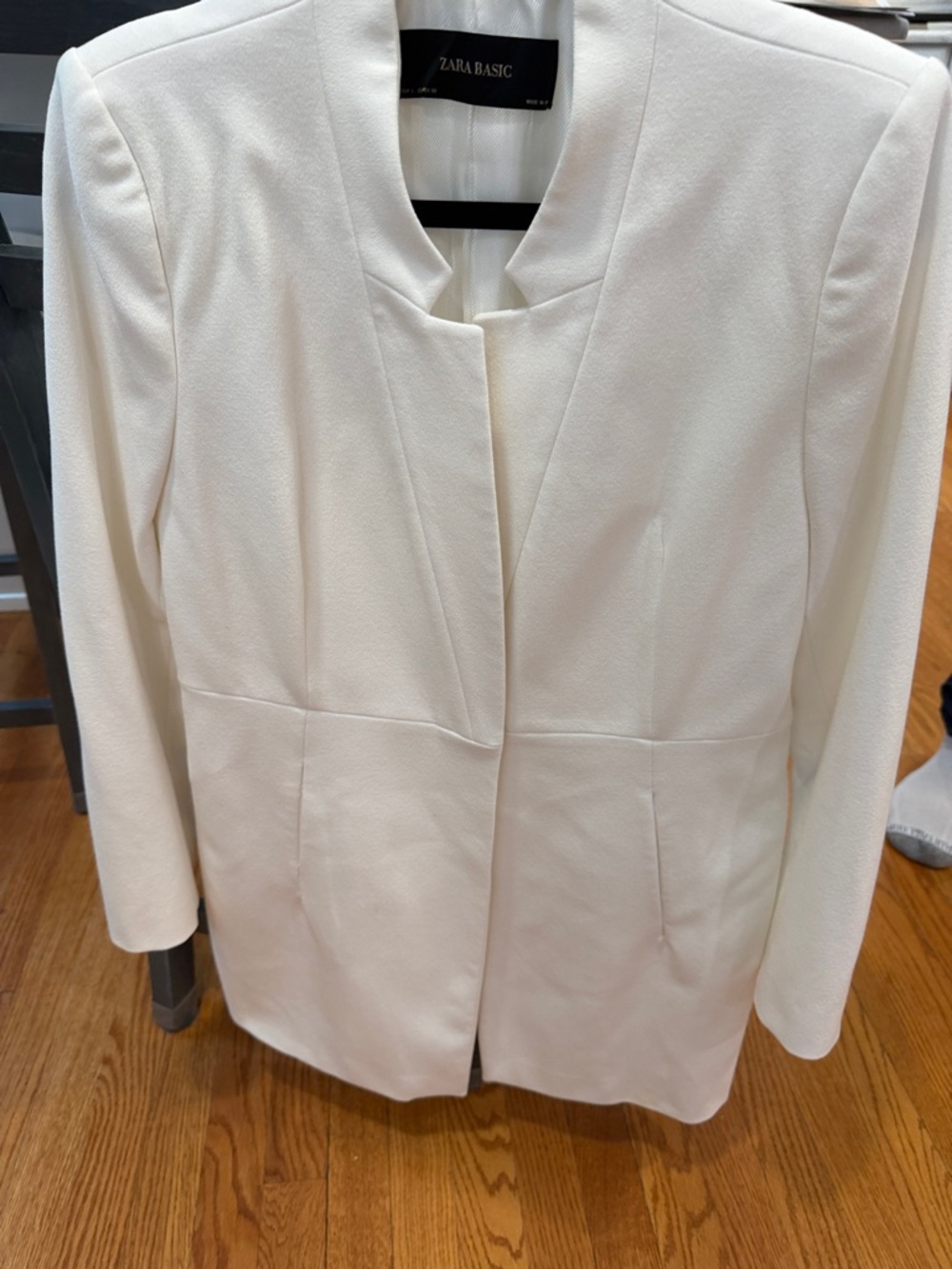 Zara White Collarless Tailored Long Blazer